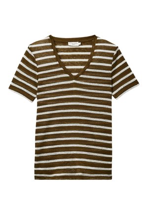 Chemise à manches courtes en V avec des rayures horizontales marron et blanches, étalée à plat sur un fond blanc.