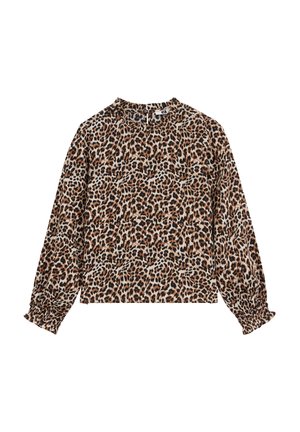 Blouse femme à manches longues avec motif léopard marron et noir et poignets froncés, présentée sur fond blanc.