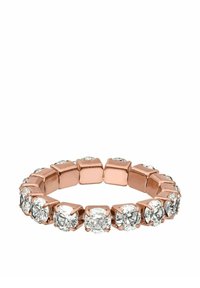 Roze gouden ring met een doorlopende band van heldere rond geslepen edelstenen, elk geplaatst in een vierkante kast, met een gepolijste afwerking.