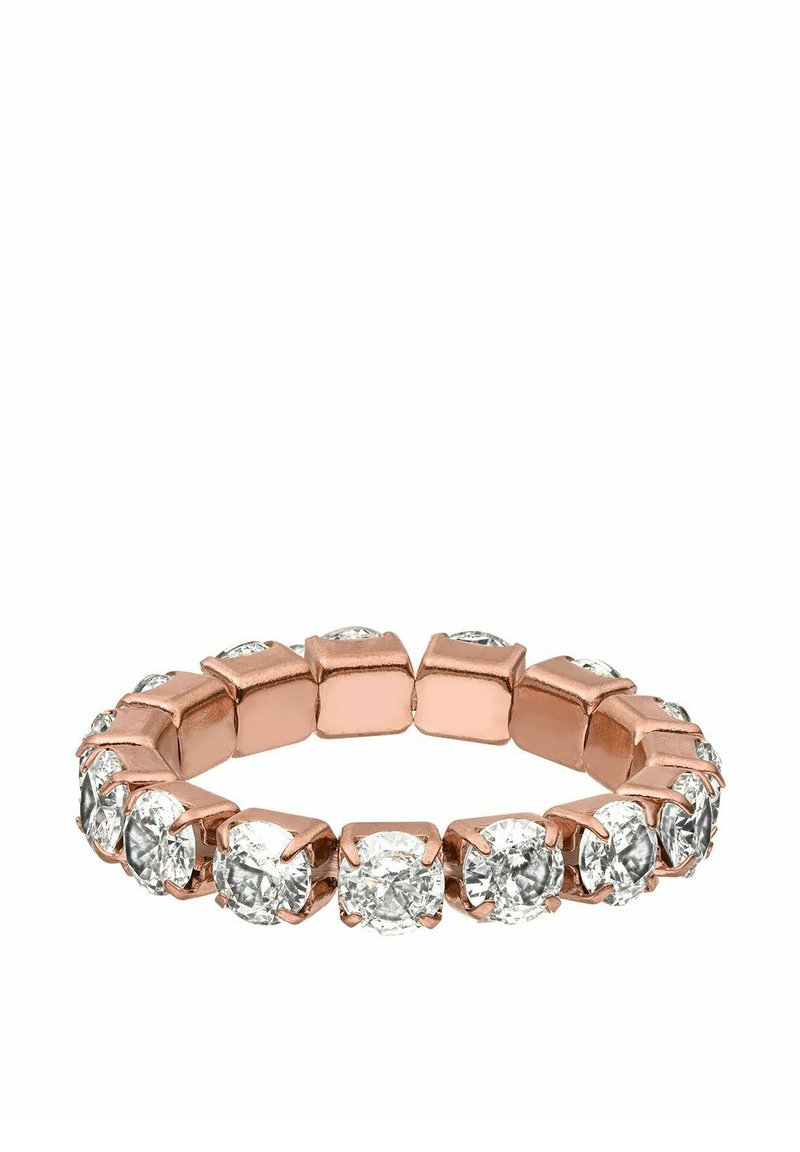 Roze gouden ring met een doorlopende band van heldere rond geslepen edelstenen, elk geplaatst in een vierkante kast, met een gepolijste afwerking.