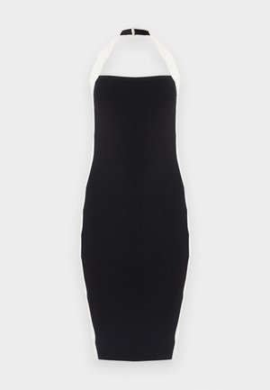 Schwarzes figurbetontes Midikleid mit Neckholder, weißen Seitenstreifen und Reißverschluss auf der Rückseite.