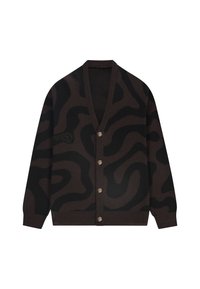 Brauner und schwarzer Cardigan mit Muster, V-Ausschnitt, fünf Holzknöpfen sowie gerippten Bündchen an Ärmeln und Saum. Hergestellt aus weichem Strickstoff.