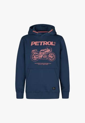 Donkerblauwe hoodie met een voorzak, een capuchon met trekkoord en een roze grafisch ontwerp met een motorfiets. Van een katoenmix, met ribgebreide manchetten.