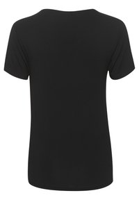 T-shirt noir à manches courtes en tissu doux. Il possède un col rond et un design simple et épuré, sans motifs ni embellissements.