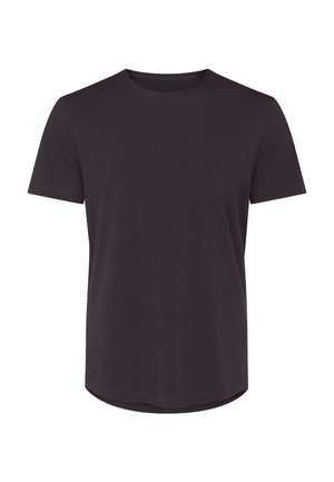 T-shirt nera a maniche corte con collo rotondo e orlo leggermente arrotondato, mostrata su uno sfondo bianco.