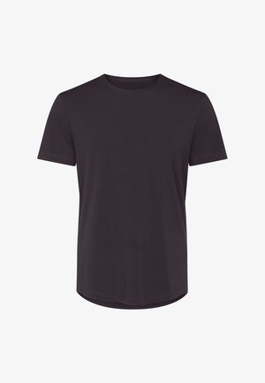 En ensfarvet sort t-shirt med korte ærmer og rund hals, som har en let afrundet kant, præsenteret mod en hvid baggrund.