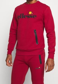 Sweatshirt rouge avec logo noir, col rond, poignets et ourlet côtelés. Dispose d'une poche zippée sur le côté gauche.