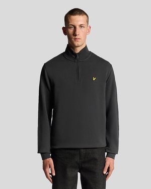 Gray fleece pullover with a high neckline, half-zip closure, and ribbed cuffs. Features a small yellow logo on the chest.