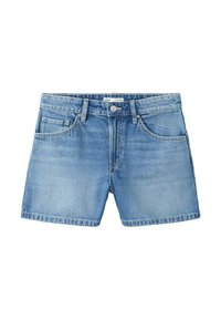 Shorts en jean bleu clair avec bouton frontal, passants de ceinture et poches, posés à plat sur un fond blanc.