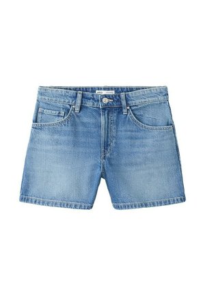 Pantaloni scurți de denim albastru deschis, cu nasture frontal, bucle pentru curea și buzunare, așezați pe un fundal alb.