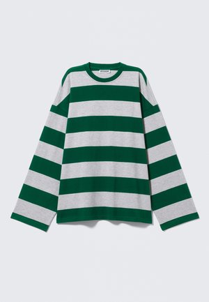 Green and gray striped long-sleeve T-shirt. Features a crew neck and loose fit. Made of soft cotton fabric. Accentuated by bold color contrast.
