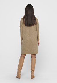 Knelang beige strikket kjole med lange ermer og avslappet passform, paret med lysebrune knelengde høye støvler med hæl. Glatt tekstur, enkelt design.