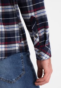 Camicia flanella a quadri blu navy con check bianchi, rossi e blu. Polsini con bottoni marroni. Abbinata a jeans di denim blu.