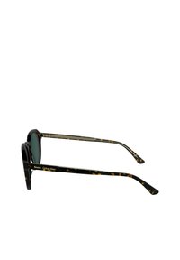 Schildpatt-Sonnenbrille mit dunklen Gläsern, runder Form, glänzender Oberfläche, goldfarbenem Logo-Detail am Rahmen und schlanken schwarzen Bügeln.