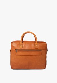 Tan leather briefcase with dual handles, front zip pocket, smooth texture, rectangular shape, and subtle stitching details.
