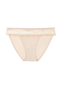 Beige Unterwäsche mit Spitzenbesatz und glatter Stoffoberfläche. Sie verfügen über einen gewellten Spitzenbund und nahtlose Seiten für optimalen Komfort.