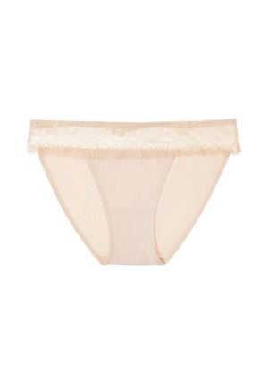 Beige lace-trimmed panties with a smooth fabric finish. They feature a scalloped lace waistband and seamless sides for comfort.
