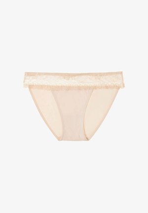 Beige lace-trimmed panties with a smooth fabric finish. They feature a scalloped lace waistband and seamless sides for comfort.