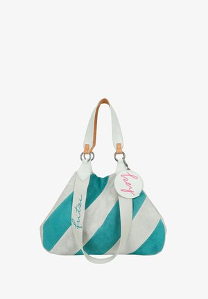 Schoudertas met turquoise en grijze diagonale strepen, zachte suède-achtige textuur, witte accenten, en een ronde tag met "hey" in roze letters.