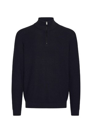 Pullover a coste in navy con colletto alto e zip a quarti. Caratterizzato da maniche lunghe e orlo dritto. Texture morbida in tutto il capo.