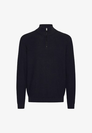 Pullover a coste in navy con colletto alto e zip a quarti. Caratterizzato da maniche lunghe e orlo dritto. Texture morbida in tutto il capo.