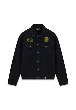 Chaqueta de vaquero negra con cierre de botones, dos bolsillos en el pecho, número "09" amarillo en el pecho izquierdo y escudo amarillo BVB 09 en el pecho derecho.