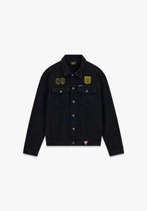 Veste en jean noire avec boutonnage sur le devant, deux poches poitrine, un "09" jaune sur la poitrine gauche, et un blason BVB 09 jaune sur la poitrine droite.