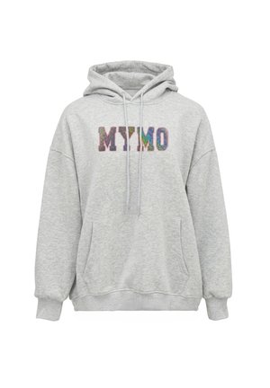 Lysegrå hættetrøje med forlomme og flerfarvede bogstaver "MYMO" på brystet.
