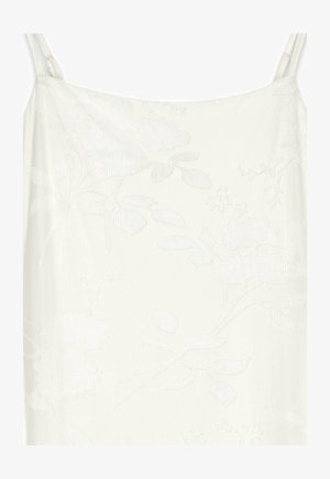 Vestido blanco sin mangas con un diseño fluido, que presenta un sutil patrón floral y una textura suave. Tirantes simples completan el atuendo.