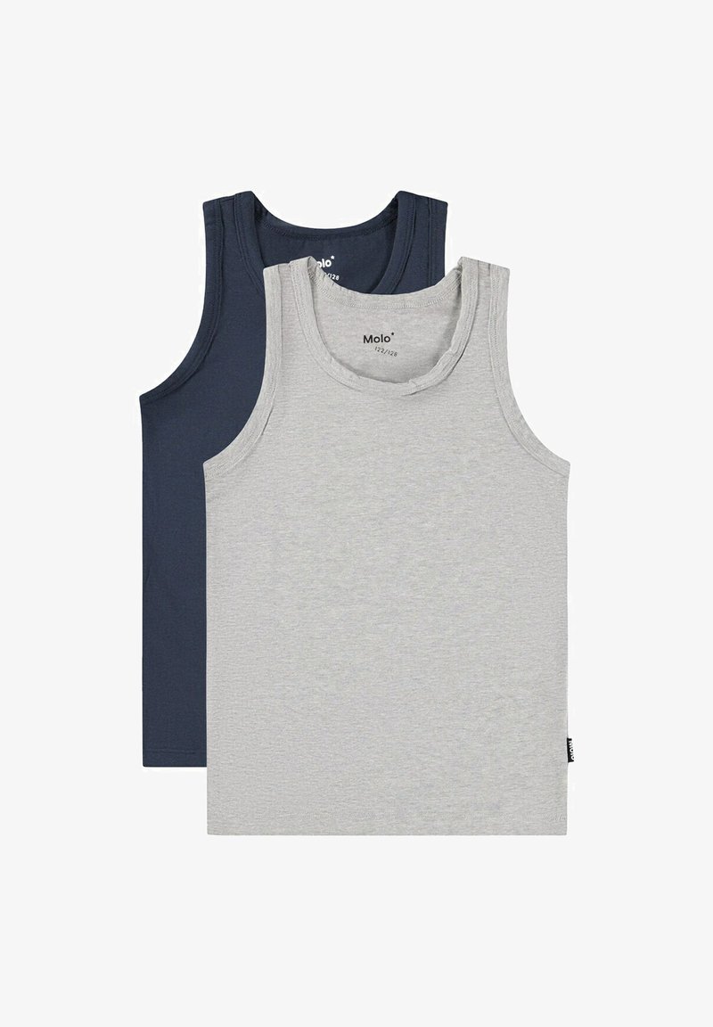 Dwie bawełniane koszulki bez rękawów, jedna szara, a druga granatowa. Obie mają okrągły dekolt i miękką, gładką fakturę.