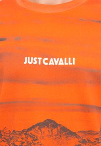 Orange t-shirt med et bjergdesign i mørkere grå nuancer. "JUST CAVALLI" er trykt i hvidt på brystet.