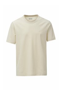 Camiseta de algodón color crema con textura acanalada, mangas cortas y escote redondo; pequeño detalle de logo en el pecho.