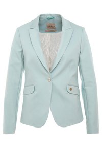 Ljusblå blazer i mjukt tyg med en strukturerad design, som har två framfickor, en enkel knappstängning och ett mönstrat innerfoder.