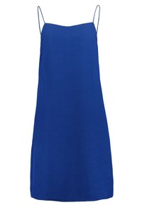 Abito blu senza maniche con spalline sottili, dal taglio morbido e texture liscia. Design semplice e colore uniforme, senza motivi o dettagli.