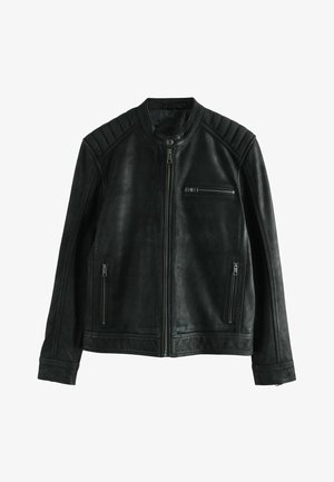 Fekete bőrkabát cipzáras elejjel, bordázott vállrészlettel és három cipzáras zsebbel. Sima textúrájú, strukturált kialakítású és testhezálló szabású.