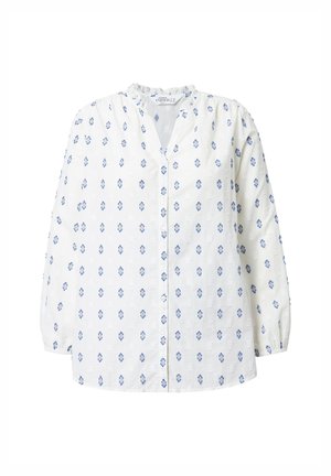 White blouse with blue diamond pattern, button-up front, ruffled collar, and long puff sleeves. Lightweight fabric with textured finish.