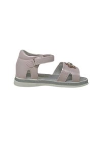 Sandal in sintetico rosa chiaro con cinturino regolabile, lati aperti, suola piatta bianca e accenti decorativi in argento. Suola piatta per il comfort.