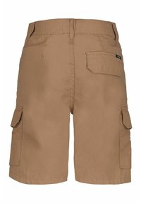 Tan cargoshorts van stof, met zijzakken, een achterzak met klep en een eenvoudige rechte snit met gestikte randen.