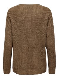 Pull marron en maille à manches longues avec un motif texturé, des poignets côtelés et une coupe légèrement ample, vu de dos.
