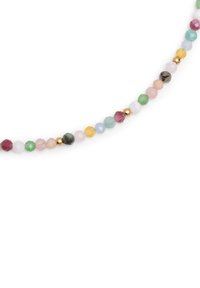 Multi-colored beaded necklace featuring faceted gemstones in pink, green, blue, and yellow, interspersed with gold accents.