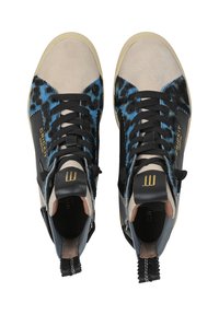 High-top sneakers featuring a blue and black leopard print design, suede upper, black laces, and a rubber sole with gold accents.