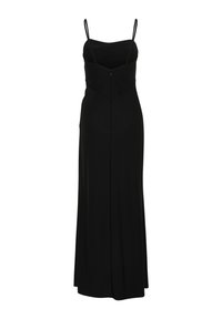 Schwarzes, ärmelloses Maxikleid mit dünnen Trägern und V-Ausschnitt, das einen taillierten Oberkörper und einen geraden Rock mit einem Reißverschlussverschluss aufweist.
