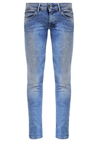 Světle modré skinny džíny vyrobené z denimu, s předními a zadními kapsami, poutky na opasek a vybledlým umyvadlem pro texturu.