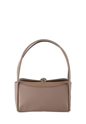 Borsa a mano in pelle taupe Furla con un manico arrotondato singolo e chiusura con fibbia, con fronte testurizzato e piccolo logo del marchio.