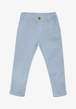 Lyseblå bomullsbukser med slim fit, med to sidelommer, en baklomme og oppbrett nederst på anklene.