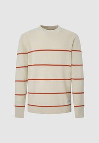 Cremefarbener Pullover mit horizontalen orangenen Streifen, gerippter Struktur, rundem Ausschnitt und langen Ärmeln. Enthält ein kleines Label am Saum.