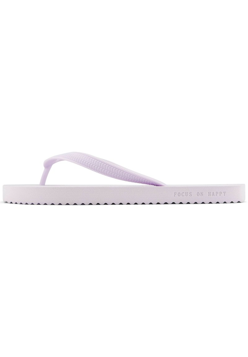 Light purple flip-flop with a textured strap and a flat sole featuring a serrated edge. "FOCUS ON HAPPY" is embossed on the side.