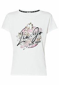 T-shirt bianca in cotone con maniche corte, caratterizzata da un design floreale e dal testo "Liu Jo GLAM TOUCH" in nero e rosa con accenti decorativi.