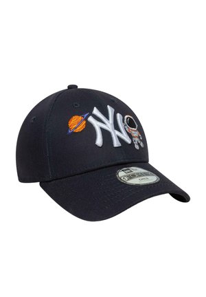Navy blue child’s baseball cap with "NY" logo, embroidered orange planet with rings, and small astronaut on front panel.
