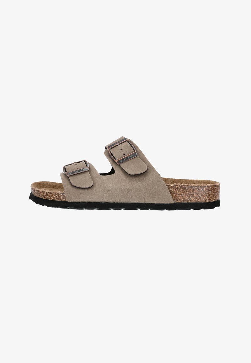 Bruna mockaskinn-sandaler med två justerbara remmar och silverfärgade metallspännen. Korkfotbädd och svart gummisula för bra grepp.